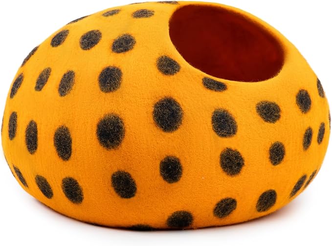 Woolygon Premium Felt Cat Cave Bed – Wool Kitty Beds Handcrafted Kitten Caves Bed for Indoor Cats - Made from Merino Wool, Foldable Cat Hideaway Covered Cat House Pod (Orange Polka) - Image 6