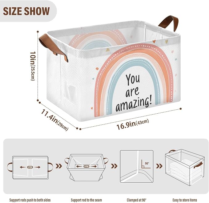 You Are Amazing Quoted Rainbow Positive Baby Storage Basket with Labels&Handles Rectangular Nursery Storage Bins Collapsible Shelf Organizer Baskets for Kids Books Cloth Gift Basket Toys Laundry, 2 PC - Image 6