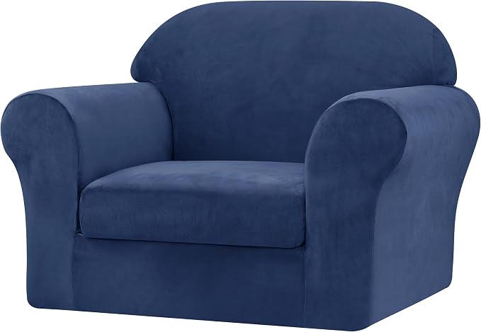 CHUN YI 2 Piece Velvet Armchair Cover Couch Covers 1 Cushion, Water Resistant Chair Slipcover with Arms, Non Slip High Stretch Thick Furniture Protector for Dogs Pets, Small, Navy by CHUNYI
