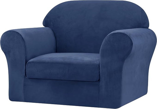 CHUN YI 2 Piece Velvet Armchair Cover Couch Covers 1 Cushion, Water Resistant Chair Slipcover with Arms, Non Slip High Stretch Thick Furniture Protector for Dogs Pets, Small, Navy by CHUNYI