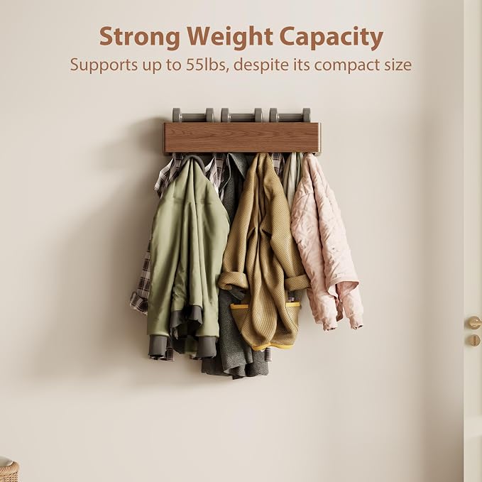 CycleCrew Solid Wood Wall Mounted Coat Rack with Shelf Hooks - Modern Floating Shelves with 5 Hidden Hooks, Heavy Duty Entryway Coat Key Holder Hanger for Hallway Bathroom Bedroom Home Decor - Image 2