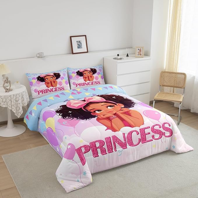 Manfei Black Princess Kawaii Comforter Set,Fairy Tale Theme Pink Bowknot Balloons Bedding Set for Adults Living Room,Starry Balloons Flags Dreamy Girl Quilt Set,3 Pcs with 2 Pillowcases,King - Image 2