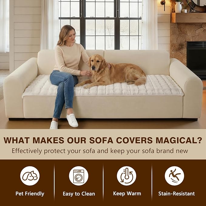 OHSIO Couch Cover for Pets Plush, Non Slip Cozy Sofa Cover Pet Friendly, Soft Thick Fuzzy Sofa Slipcovers for 3 Cushions Washable Couch Sofa Funiture Protector(White,27.6'' x 70.8'') - Image 6