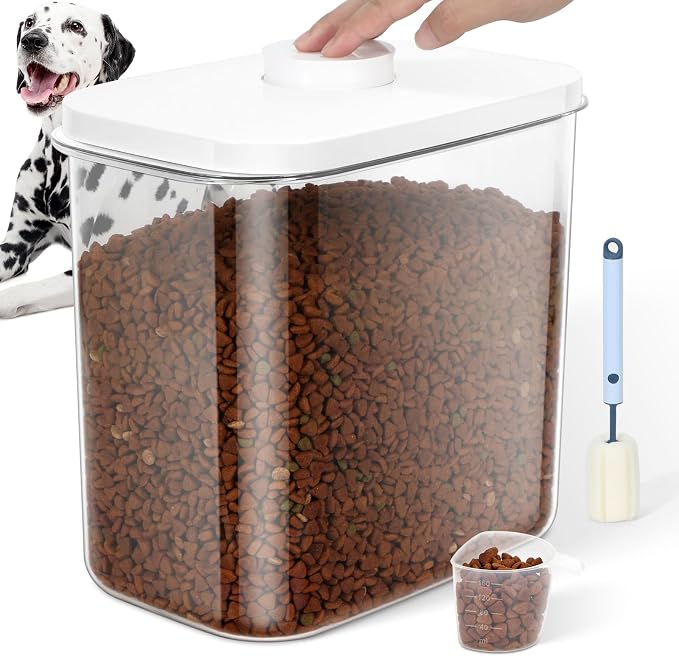 12 lbs Airtight Dog Cat Food Storage Container and Dog Treat Containers BPA-Free, PET Clear Stackable Pet Storage Bin, 1-Cup Scoop, 1-Sponge cleaning brush, Pop Top, With handle, Easy Mobility-large by LEAWALK