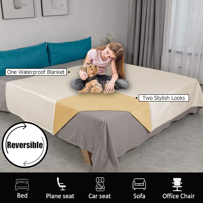 Ameritex Pet Bed Blanket Reversible 100% Waterproof Velvet Super Soft for Sofa and Bed (82x82 Inches, Cream+Sand) - Image 2