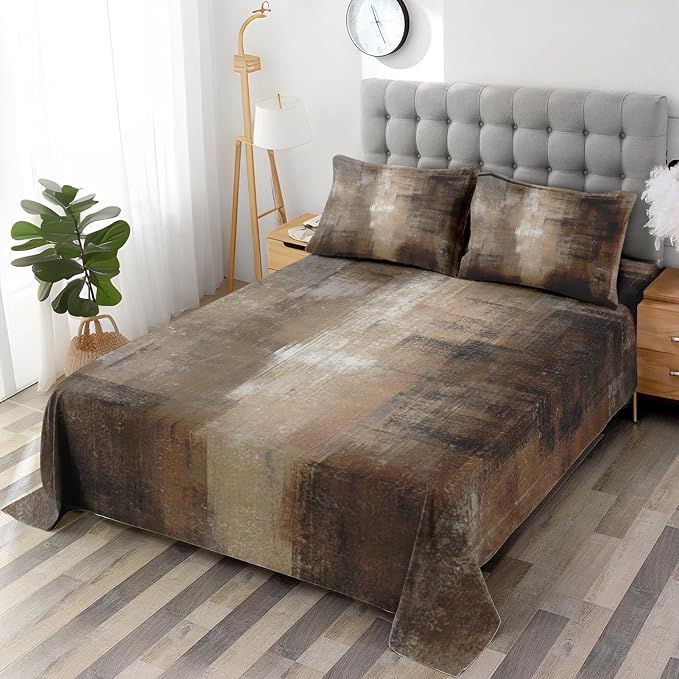WeCozy Queen Size Bed Sheet Sets with Pillowcases, Brown Grey Painting 4 Pcs Soft Microfiber Bedding for Kids and Adults, Beige Contemporary Flat, Fitted Sheet for Bedroom Bed Decor - Image 4
