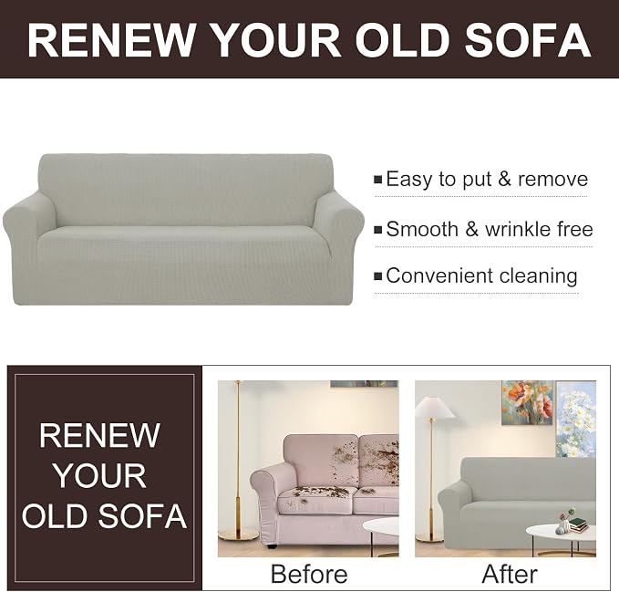 U-NICE HOME Stretch Couch Cover Slipcover for 3 Cushion Sofa, Taupe | 1-Piece Sofa cover, Washable, Pet friendly, Furniture protector, Polyester Spandex Jacquard fabric - Image 5
