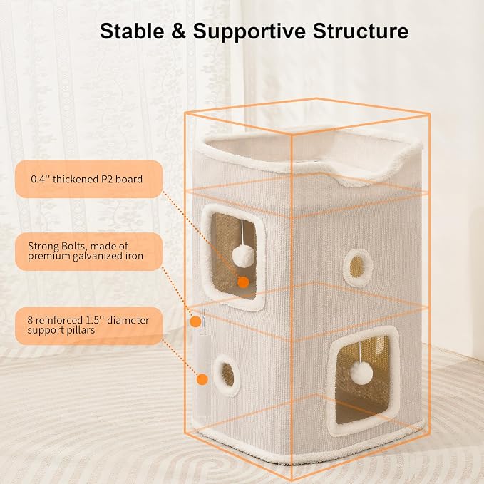 Cat House, Cat Beds for Indoor Cats, 2-Story Cat Condo Cube | Cat Bed Cave with Scratch Pad and Fluffy Ball Hanging, Multi-Level Cozy Hideout Center Ideal for Small/Medium Cats - Image 4