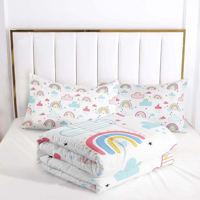 Nttopship Rainbow Comforter Sets Comfort Queen Size， Bedding Sets for Kids,Kawaii Clouds and Rainbows Comforter Sets All Season 1 Comforter and 2 Pillowcases - Image 4