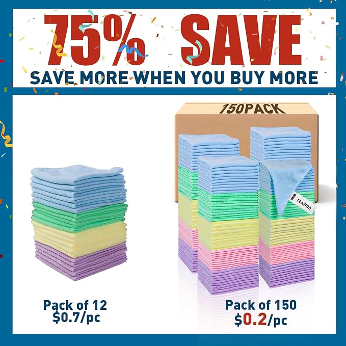 TEAWOO Microfiber Towels Bulk-150 Pack, Cleaning Cloths, Microfiber Towels for Cars, Cleaning Rags 5 Colors Assorted (12x12 inches) | Microfiber Towels for Cars, Cleaning Rags, 5 Colors Assorted (12x12 inches) - Image 2