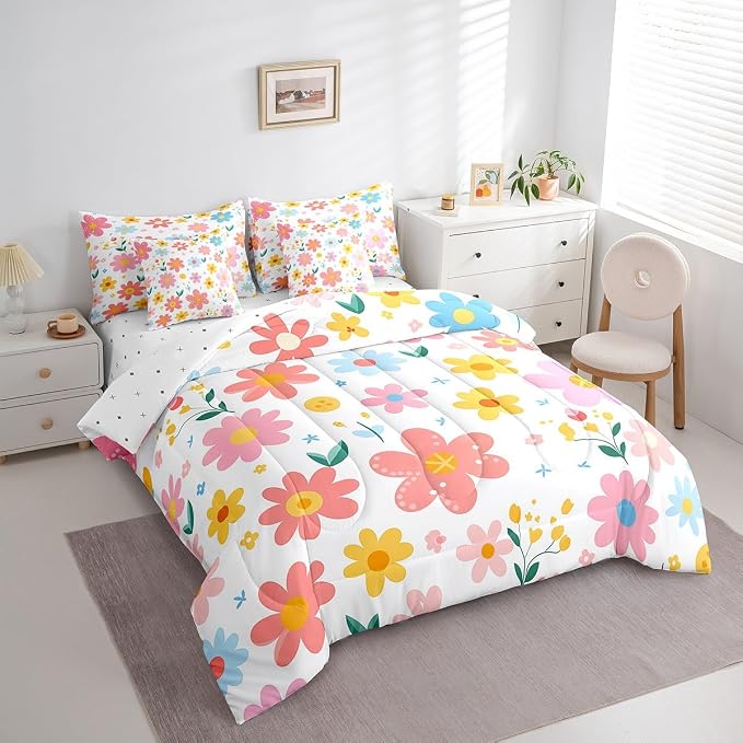 Feelyou Cute Flower 7 Piece Bedding Set Twin Size Kids Cartoon Cute Floral Bed in a Bag for Kids Girls Teens Toddler Yellow Pink Comforter Set with Sheets Kawaii Bed Set - Image 2