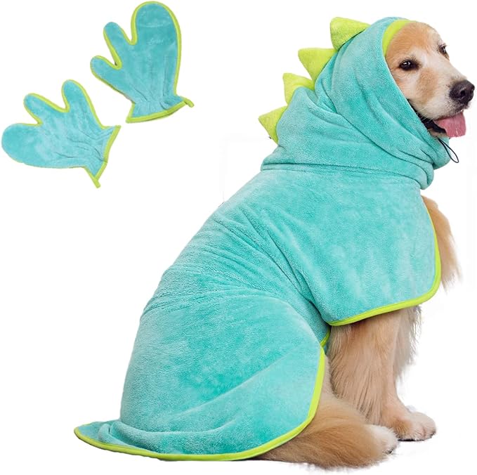 Pawyee Super Soft Fast-Drying Dog Towel Set for Cold Weather, Beach, Pool - Adjustable Microfiber Bath Robe with Drying Gloves for Cats and Dogs (X-Large, Pink Dino) - Image 6