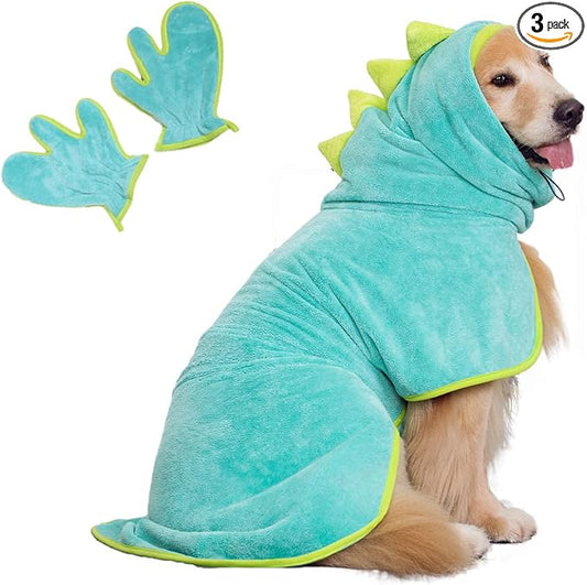 Pawyee Super Soft Fast-Drying Dog Towel with Drying Gloves for Cold Weather, Beach, Pool - Adjustable Microfiber Bath Robe Set (2 pcs) for Cats and Dogs (XL, Blue Dino) by Pawyee