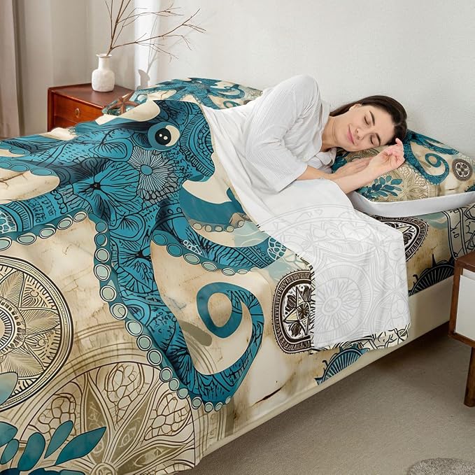 Octopus Bedding Ocean Bed Sheet Set Teal Mystic Kraken Mediterranean Style Design Teal Animal Bedding Sets Octopus Kids Sheet Set for Full Size Skull Fitted Sheet and Flat Sheet,Marine 2 Pillowcases - Image 6