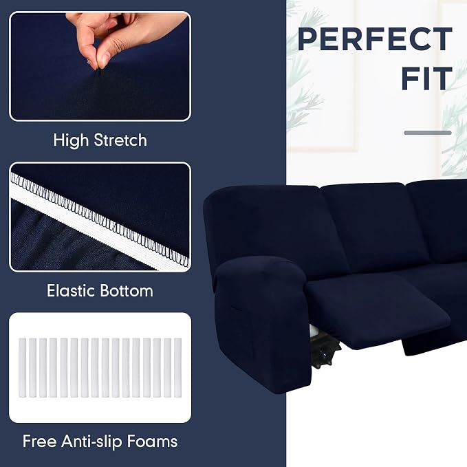 Peryiter 7 Pcs L Shape Sectional Recliner Sofa Covers 5 Seat Sectional Couch Covers Milk Silk Velvet Stretch Reclining Sofa Slipcover Furniture Protector for Living Room(Navy Blue,Milk Silk) - Image 6