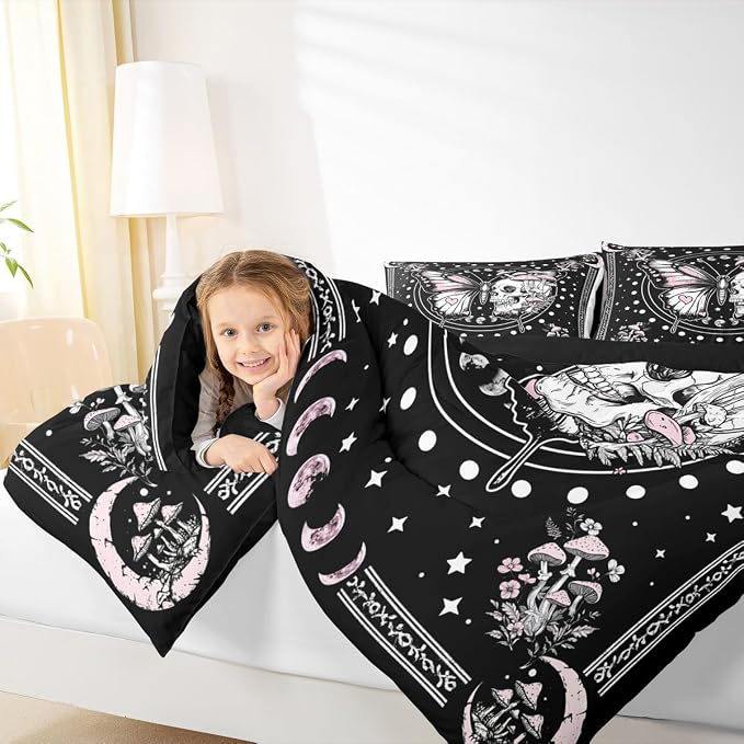 Gothic Skull Moth Comforter Sets King Size,Boho Starry Moon Galaxy Bedding Comforter for Kids Girls Boys,Mushmoon Flowers Leaves Quilt Sets for Bedroom Decor,Duvet Insert,2 Pillowcase,Black Pink - Image 4