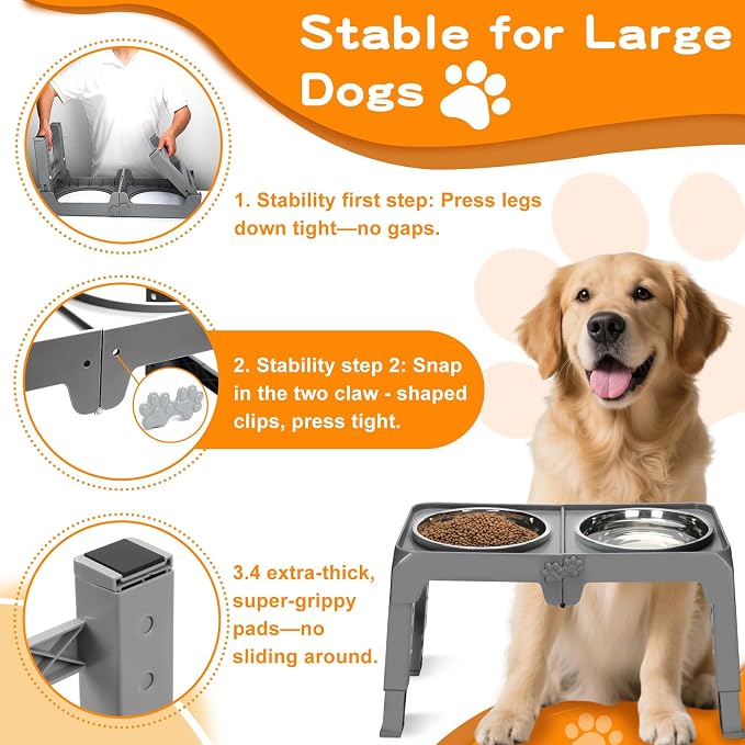Elevated Dog Bowls for Large Dogs 5 Adjustable Heights 7.5"-15.4", 2 X-Large 10” Stainless Steel Bowls, Heavy Duty Raised Dog Bowl Stand Foldable Pet Feeder for Dogs Shoulder Height Over 15”, Grey - Image 5