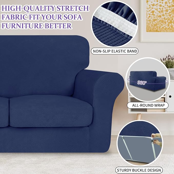 ZNSAYOTX 3 Piece Stretch Sofa Covers (71"-91") for 2 XL Cushion Couch, Thick Striped Sofa Cover with Elastic Band Bottom Ties Non-Slip Stay in Place, Soft Durable Couch Slipcovers, Navy Blue - Image 5