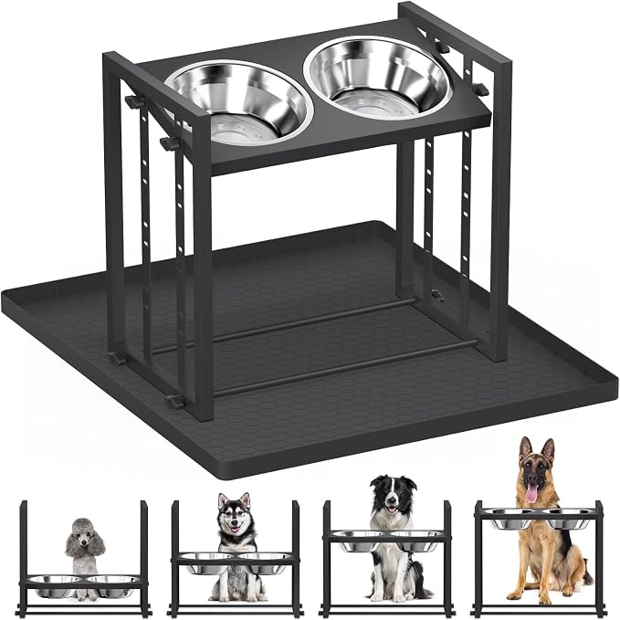 Elevated Dog Bowl for Medium Breed, Height Adjustable Feeder with Mat Black | Adjustable Height at 15°Tilted Angle, Lightweight, Nonslip, All-Iron Structure, Stainless Steel bowls, Easy Assembly Cleaning by Pawtners