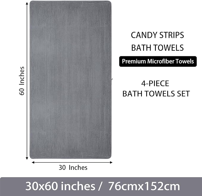 4 Piece Bath Towels, 30"x60" Microfiber Towels Set, Grey | Large Bathroom Towels, Soft Touch, Highly Absorbent, Quick Dry, Lint Free, Long-Lasting, Family Use, Guest Bath & Daily Use - Image 7