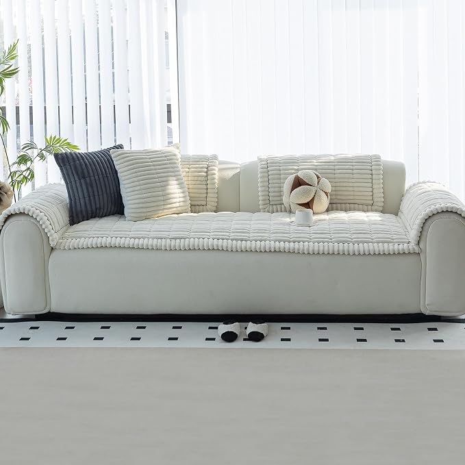 Sofa Couch Cover, Sofa Covers for Dogs Washable, Non-Slip Striped Sofa Slipcovers for Sectional Sofa, Sofa Cover Furniture Protector for L Shaped(Beige White 27.6"x 82.7") - Image 7