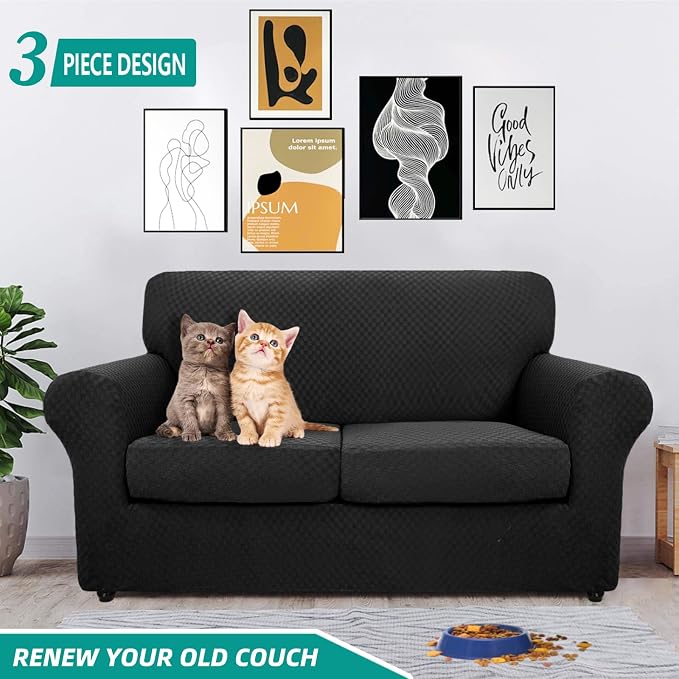 YEMYHOM Latest Checkered 3 Pieces Couch Covers for 2 Cushion Couch High Stretch Thickened Love Seat Sofa Cover for Dogs Pets Anti Slip Elastic Loveseat Slipcover Protector (Black), 55"-69"(2 CUSHIONS) - Image 2