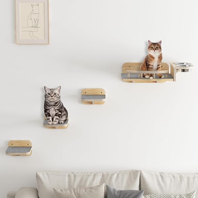 Meidok Cat Wall Furniture,Cat Wall Shelves,Dog Proof Cat Feeding Station with 3 Wide Wall Steps and 2pices 304 Stainless Steel Bowl Cat Feeding Shelf for Cats up to 25 Lbs - Wood Color by Megidok
