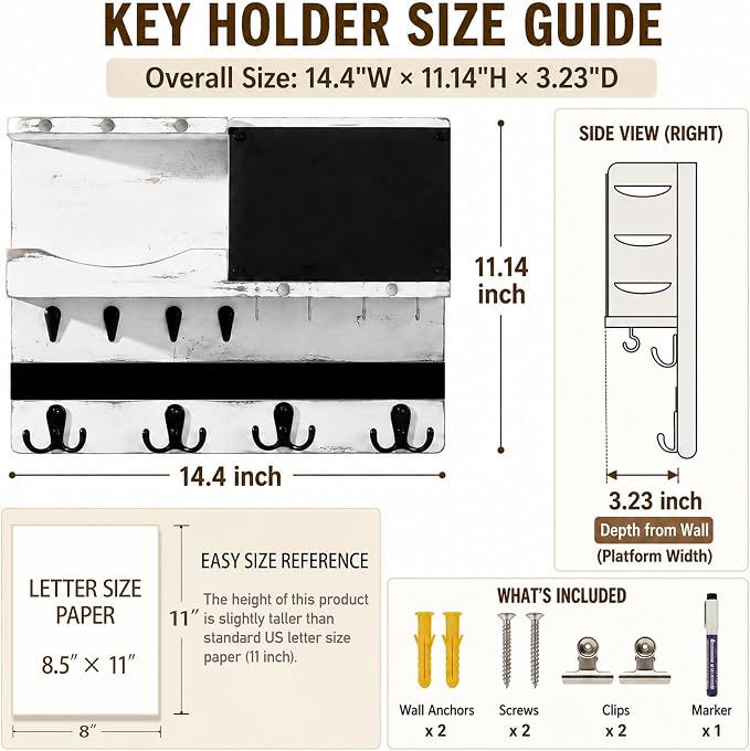 Key Holder for Wall Mount with Shelf and Mail Organizer, Key and Mail Holder with 16 Hooks, Farmhouse Entryway Organizer, Home Decor Rack (Pine Wood, White Washed) - Image 2