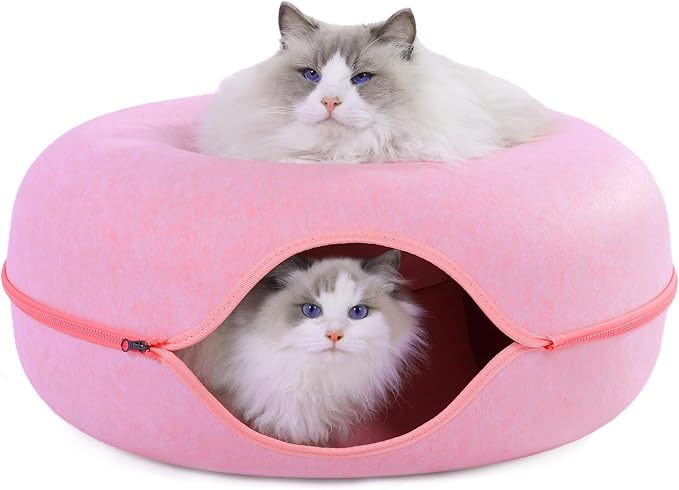 Large Cat Tunnel Bed for Indoor Cats with 3 Toys, Scratch Resistant Donut Cat Bed, Up to 30 Lbs (L 24x24x11, Pink) - Image 2