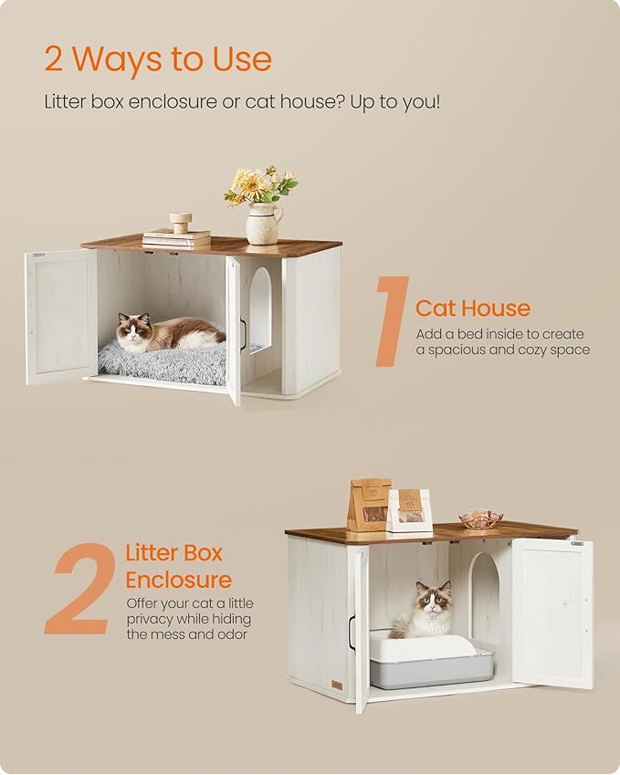 Feandrea Litter Box Enclosure, Modern Cat Litter Box Furniture Hidden, Front Entry, Double Doors, Handles, Cat House, Side End Table, 33.5 x 19 x 19.5 Inches, Honey Brown and Rustic White UPCL012K01 - Image 3