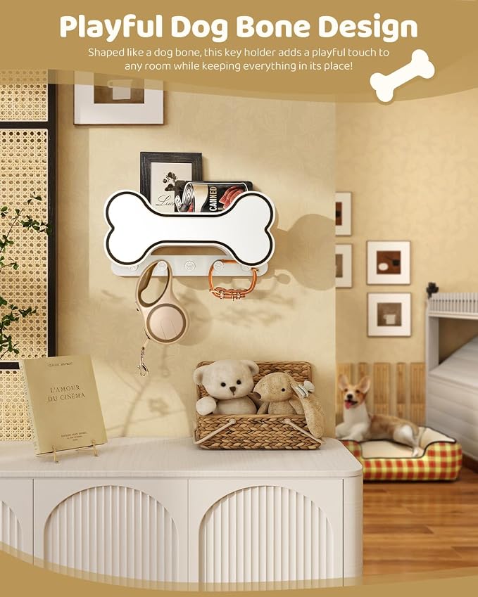 MTERSN Decorative Dog Leash Holder for Wall - Doggie Bone Shape Key Holder Wall Mount with 5 Chic 3D Puppy Paw Hooks & Dog Stuff Storage Shelf - Apartment Essentials (Black & White) - Image 2