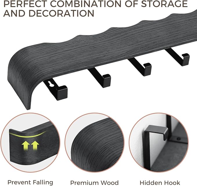 Coat Rack Wall Mount with Shelf Entryway Shelf Modern Key Holder Hanger Wall Shelves with Hidden Hooks for Hanging Towels Coats Hats Bags for Hallway Bathroom Bedroom (Wavy Black, 5 Hooks) - Image 5