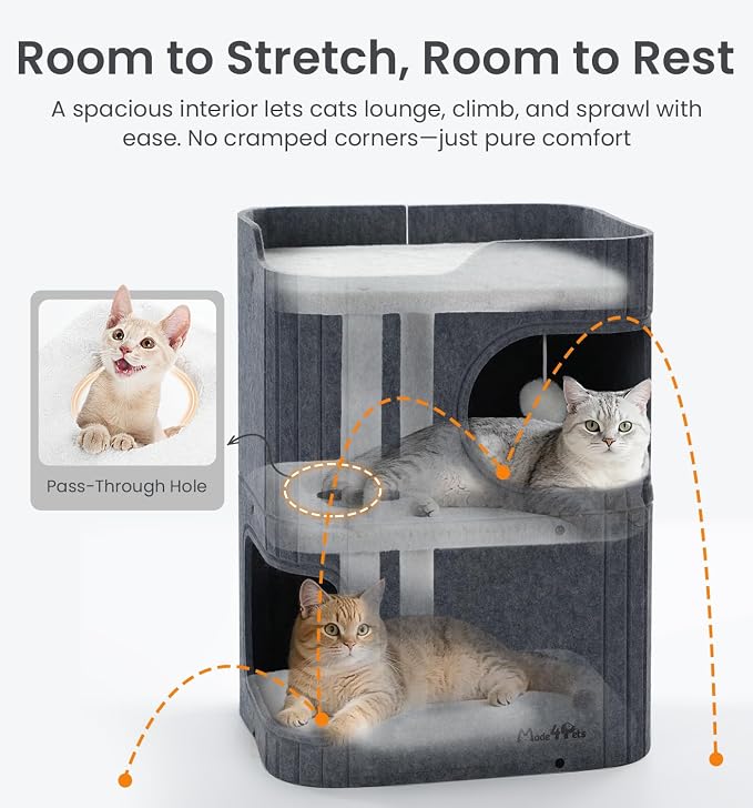 Made4Pets Cat House for Indoor Use, 2-Storey Cube Bed Cave, Covered Hideaway Condo with Scratch-Resistant Felt, Foldable Easy-to-Clean Design for Multi-Cat Homes, Dark Grey - Image 6