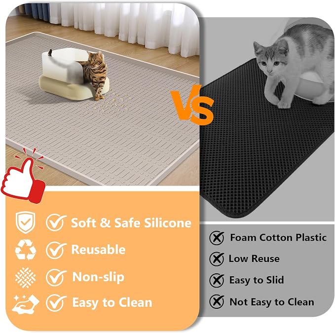 Silicone Cat Litter Mat 47" x 35" Cat Mat for Litter Box, Khaki | Extra Large Cat Litter Trapping Mat for Floor, Waterproof, Non-Slip Kitty Litter Box Mat with Raised Edge, Easy to Clean - Image 3
