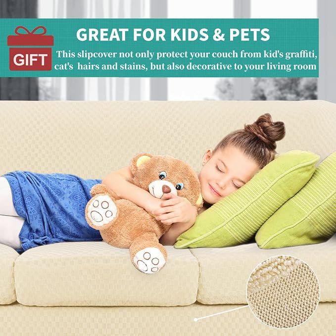 YEMYHOM Latest Checkered 4 Pieces Couch Covers for 3 Cushion Couch Extra Large High Stretch Thickened Sofa Cover for Dogs Pets Furniture Protector Sofa Slipcovers (Beige), 91"-110"(3 Cushions) - Image 3