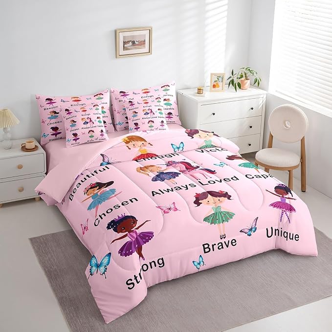 Erosebridal 7 Piece Girls Pink Princess Kids Comforter Set Queen Bed in a Bag,Ballet Bedding Set,Dancing Girls Inspirational Duvet Insert,Dreamy Princess Style Sheet Set,Butterfly Unicorn Quilt - Image 3