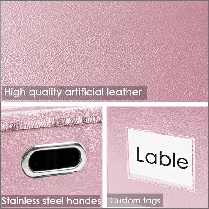 PRANDOM Large Stackable Storage Bins with Lids [3-Pack] Leather Fabric Foldable Storage Boxes Organizer Containers Baskets Cube with Cover for Bedroom Closet Office Nursery Pink (17.7x11.8x11.8) - Image 4