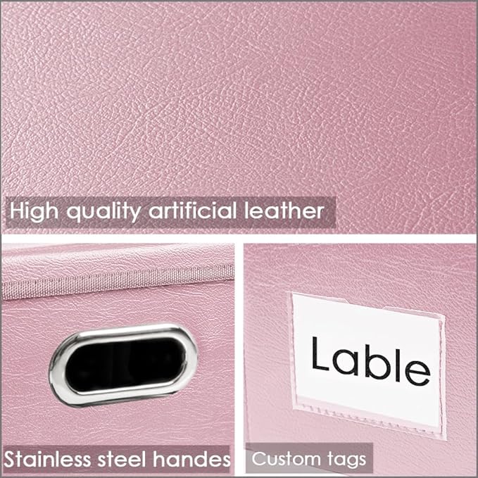 PRANDOM Large Stackable Storage Bins with Lids [5-Pack] Leather Fabric Foldable Storage Boxes Organizer Containers Baskets Cube with Cover for Bedroom Closet Office Nursery Pink (17.7x11.8x11.8) - Image 4