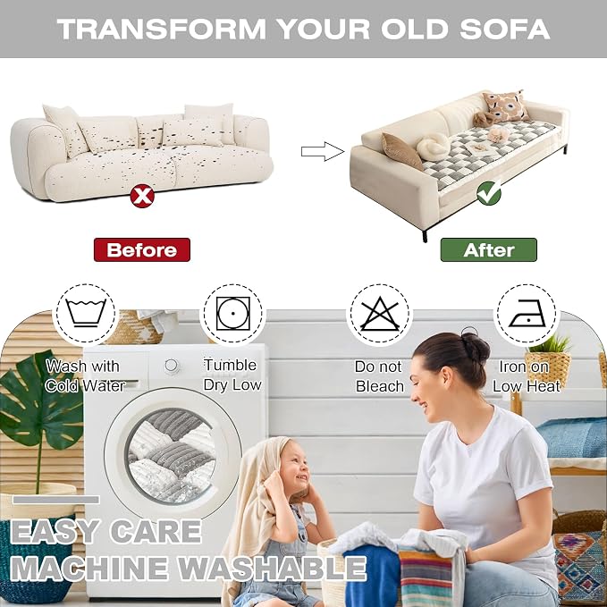 Fuzzy Couch Cover for Dog, Modern White Grey Checkered Couch Cushion Cover | Non Slip Couch Cover for 2 Cushion Couch Sofa Pet Friendly, Washable Sofa Cover Durable Anti-pilling Furniture Protector - Image 5