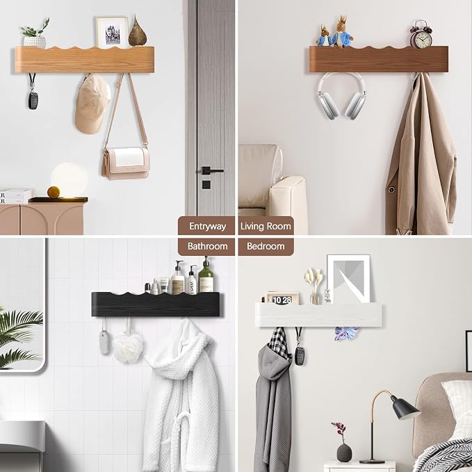 Coat Rack Wall Mount with Hidden Hooks, Wall Hooks with Shelf, Wall Key Holder Mount Wooden Shelf Entryway Hooks for Bedroom Bathroom for Hanging Coats Hats Bags Towels (Black Wave-Shape, 4 Hooks) - Image 4