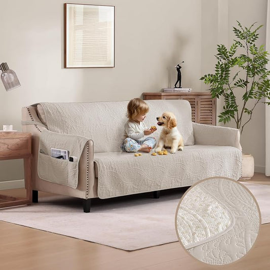 Soft Quilted Couch Cover with Pockets for Extra-Large Sofa, Anti-Slip Sofa Covers Washable for 3 Cushion Pet Friendly, Oversized Sofa Cover Water-Repellent (X-Large Sofa 78", Beige Cream) by Pamhaven