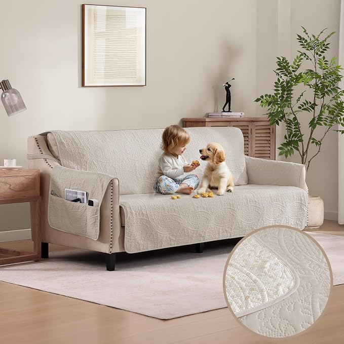 Quilted Beige Grand Sofa Couch Covers, Soft Cozy Couch Protector for 4 Cushion Couch, Cover for Super Large Sofa, Oversized Grand Sofa Slipcovers Water-Repellent (Grand Sofa 88", Beige Cream) by Pamhaven