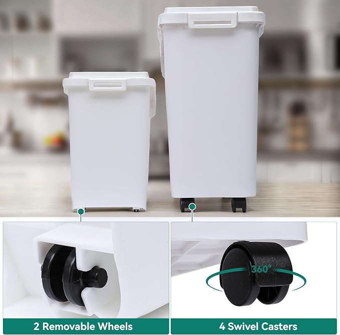 YITAHOME 65L/117lbs Large Ingredient Storage Bins, Commercial 11.4+5.8 Gal Rice Flour Storage Container, Organizer Storage Bin with Measuring Cup, Scoop and Wheels for Kitchen, White & Black Lid - Image 5