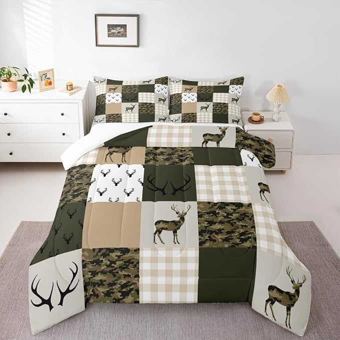 Camouflage Comforter Set King Size Woodland Camo Deer Quilt Set Green Beige Plaids Geometric Patchwork Bedding Set 3pcs for Kids Boys Girls Room Decor,Deer Antlers Rustic Duvet Insert,2 Pillowcases - Image 5
