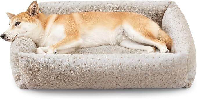 JOEJOY Large Dog Beds Large Sized Dog, Removable Washable Cover Orthopedic Soft Faux Rabbit Fur Pet Bed, Anti-Slip Fluffy Plush Faux Rabbit Fur Puppy Bed, 36"x27"x8", Leopard Print, Beige by JOEJOY