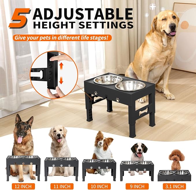 LAKIPETN Elevated Dog Bowls with Mat, Raised Dog Food Bowl Stand with 2 Stainless Steel Bowls, 5 Height Adjustable (3.1", 9", 10", 11", 12") Non-Slip Feeder Set for Medium and Large Dogs – Black - Image 2
