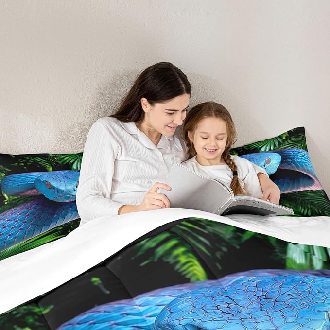Erosebridal Snake Comforter Set Queen, Blue Snake Duvet Set, 3D Reptile Bedding Comforters, Blue Scales Quilt Set, Palm Leaf Wild Animal Stylish Quilted Duvet for Kids Boys Teens Man Bedroom Decor - Image 5