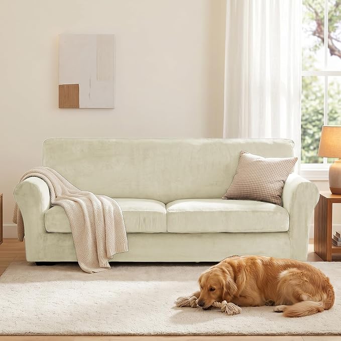 XINEAGE 3-Piece Velvet Sofa Cover,Couch Covers for Dog,Beige | 2 Cushion Sofa,Stretch Non-slip Elastic, Pet-friendly, Washable, Fast Setup, Soft Plush Fabric, Furniture Protector. - Image 4