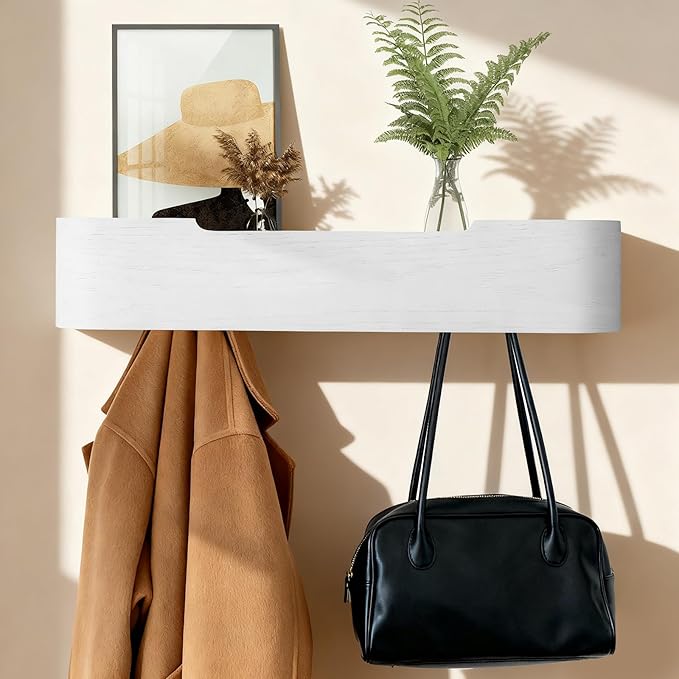 Coat Rack Wall Mount with Shelf Entryway Shelf Modern Key Holder Hanger Wall Shelves with Hidden Hooks for Hanging Towels Coats Hats Bags for Hallway Bathroom Bedroom (White, 5 Hooks) by FURNAWAY