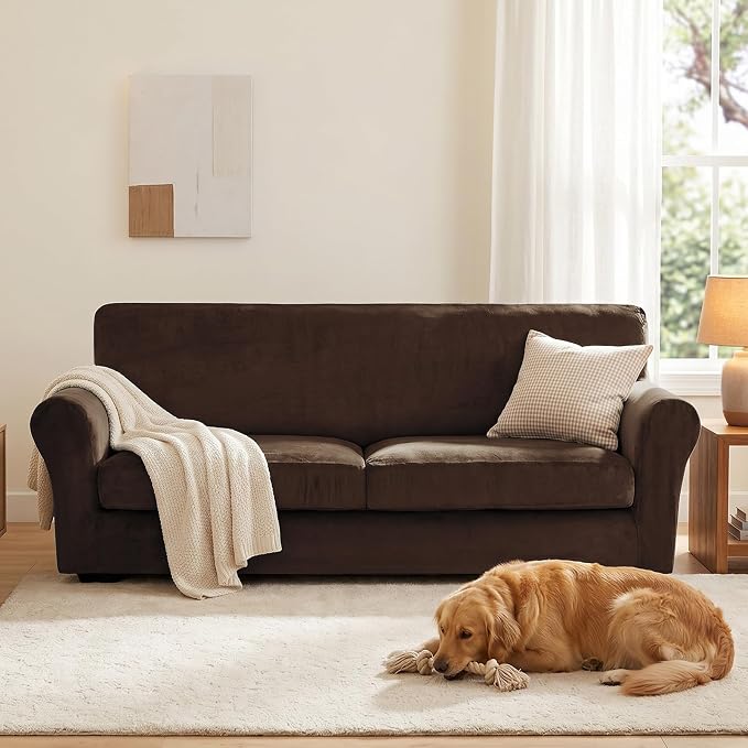 XINEAGE 3-Piece Velvet Sofa Cover,Couch Covers for Dog,Dark Coffee | 2 Cushion Sofa,Stretch Non-slip Elastic, Pet-friendly, Washable, Fast Setup, Soft Plush Fabric, Furniture Protector. - Image 4
